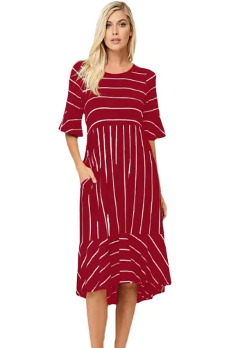 Burgundy White Striped Bell Sleeve Hi-low Midi Dress
