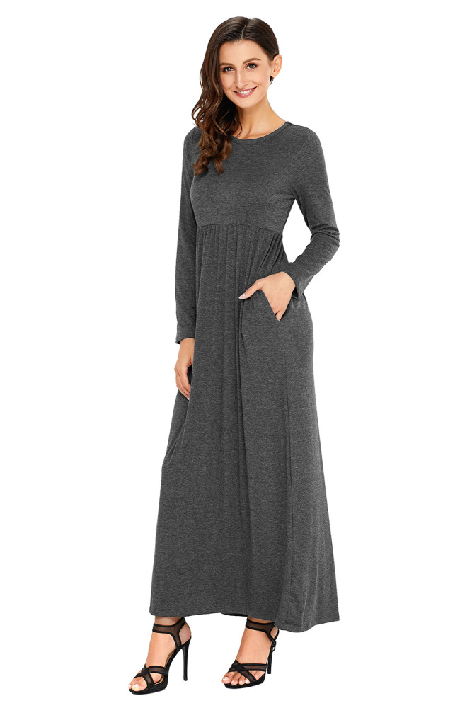 Charcoal Long Sleeve High Waist Maxi Jersey Dress
