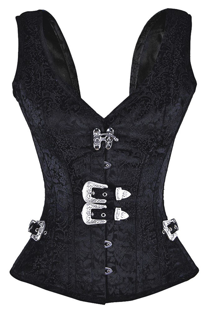 Black 12 Steel Bone Brocade Vested Corset