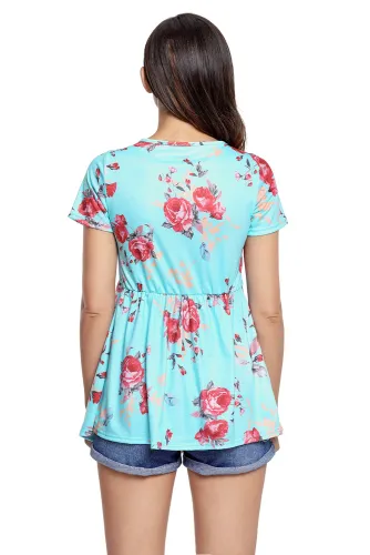Light Blue Floral Grommet Lace Up V Neck Loose Shirt