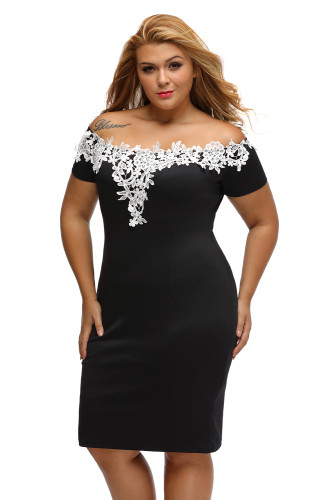Lace Crochet Off Shoulder Black Plus Size Pencil Dress
