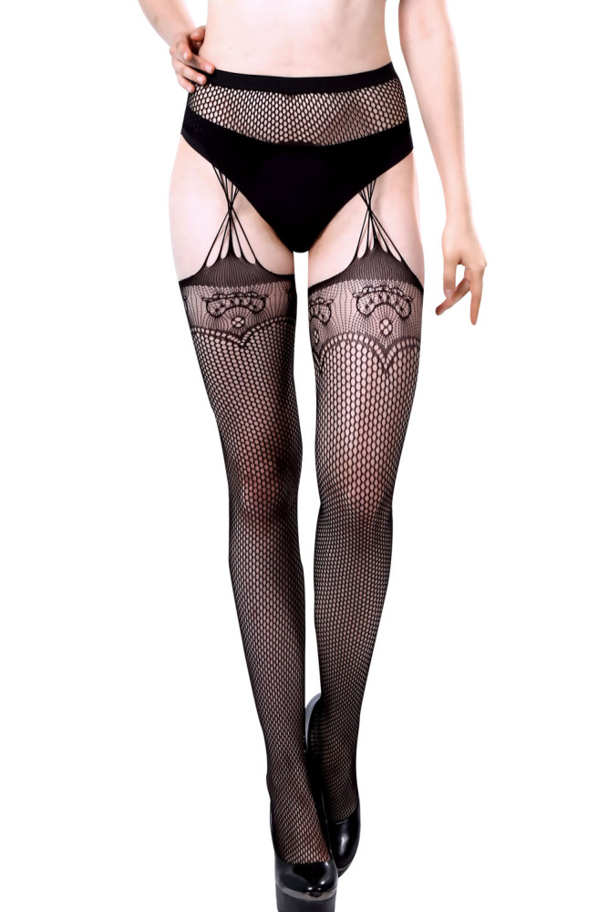 Black Lace Fishnet Faux Gartered Pantyhose
