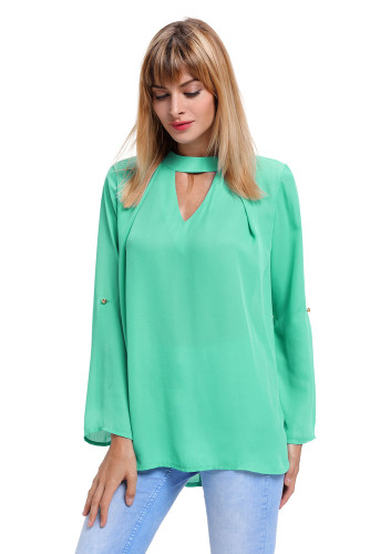 Jade Choker Cut out V Neck Blouse with Keyhole Back