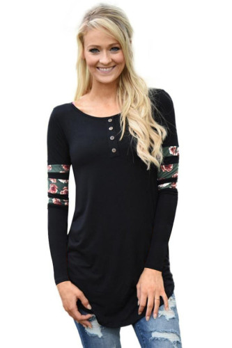 Black Floral Print Splice Sleeve Pullover Blouse