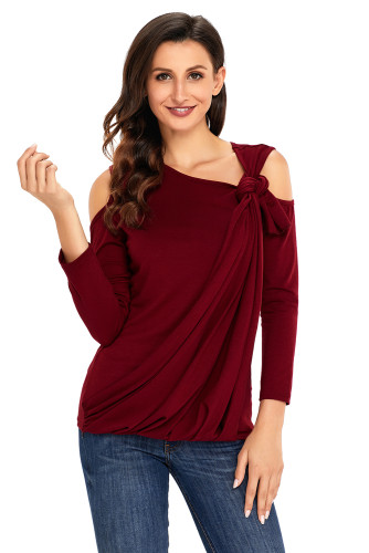 Burgundy Asymmetric Draped Cold Shoulder Top