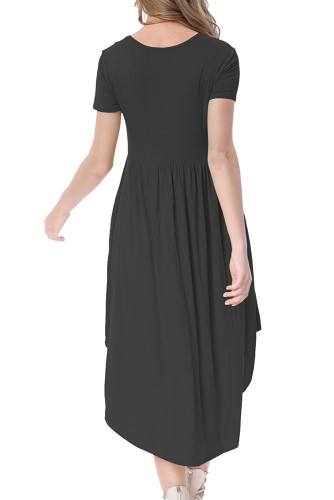 Black Short Sleeve High Low Pleated Casual Swing Dress