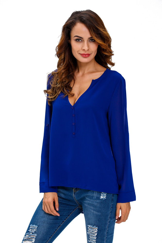 Royal Blue V-Neck Button Detail Dip Back Blouse Top