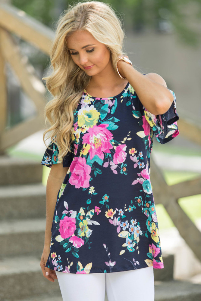 Multi Floral Print Navy Background Womens Top