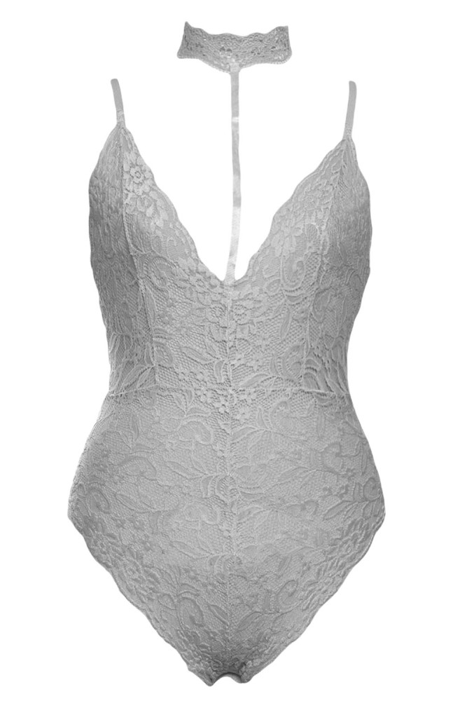 Grey Sheer Lace Choker Neck Teddy Lingerie