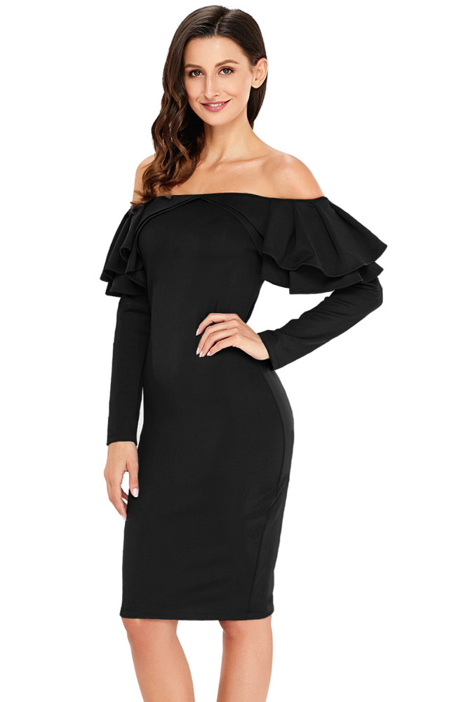 Black Ruffle Off The Shoulder Long Sleeve Bodycon Dress