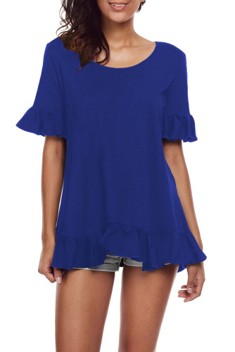 Royal Blue Ruffle Trim Short Sleeve Flowy Top