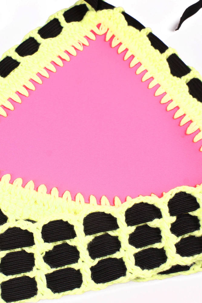 Strappy Halter Crochet Trimmed Pink Neoprene Swimsuit