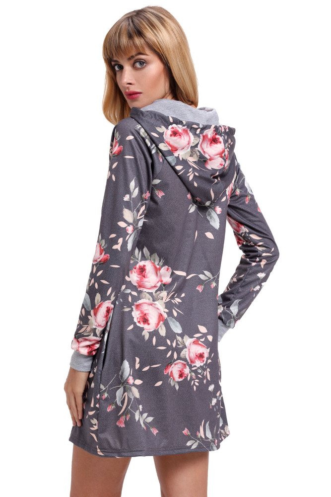 Grey Floral Print Drawstring Hoodie Dress