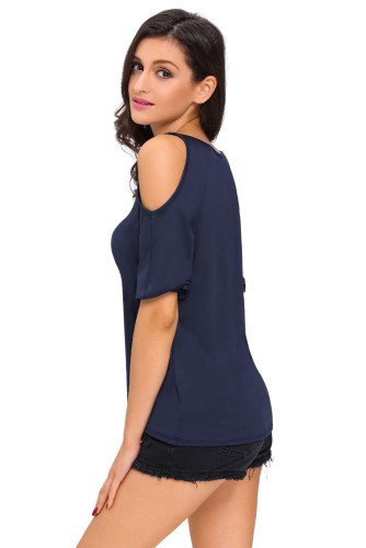 Navy Blue Scoop Neck Cold Shoulder Oversize Top