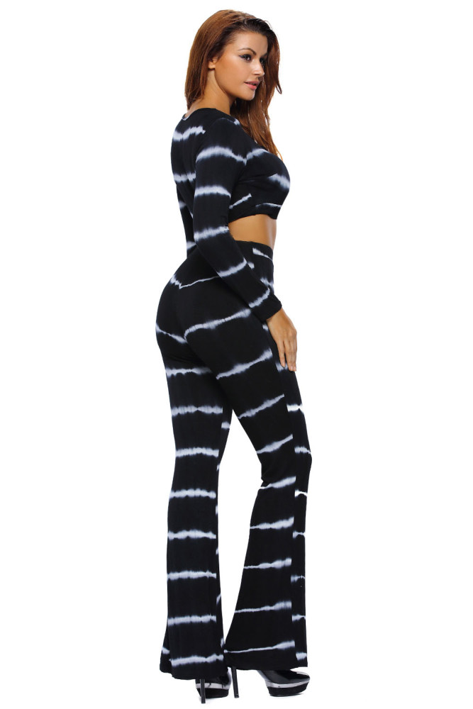 Black Tie Dye Print Sexy Two Piece Pant Set
