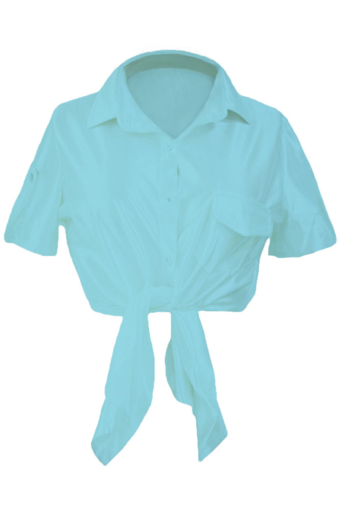 Light Blue Button Up Side Slit Short Sleeve Shirt