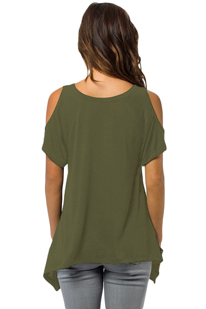 Army Green V Neck Cold Shoulder Swing Top