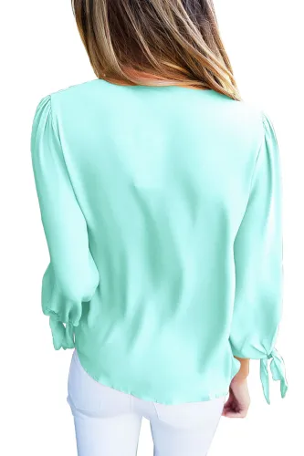 Light Blue Bow-tie Sleeved Blouse with Necktie