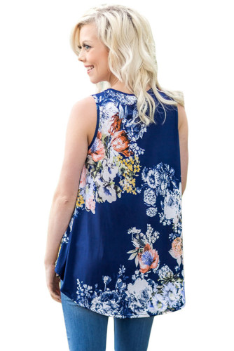 Slate Blue Floral Print High Neck Tank Top