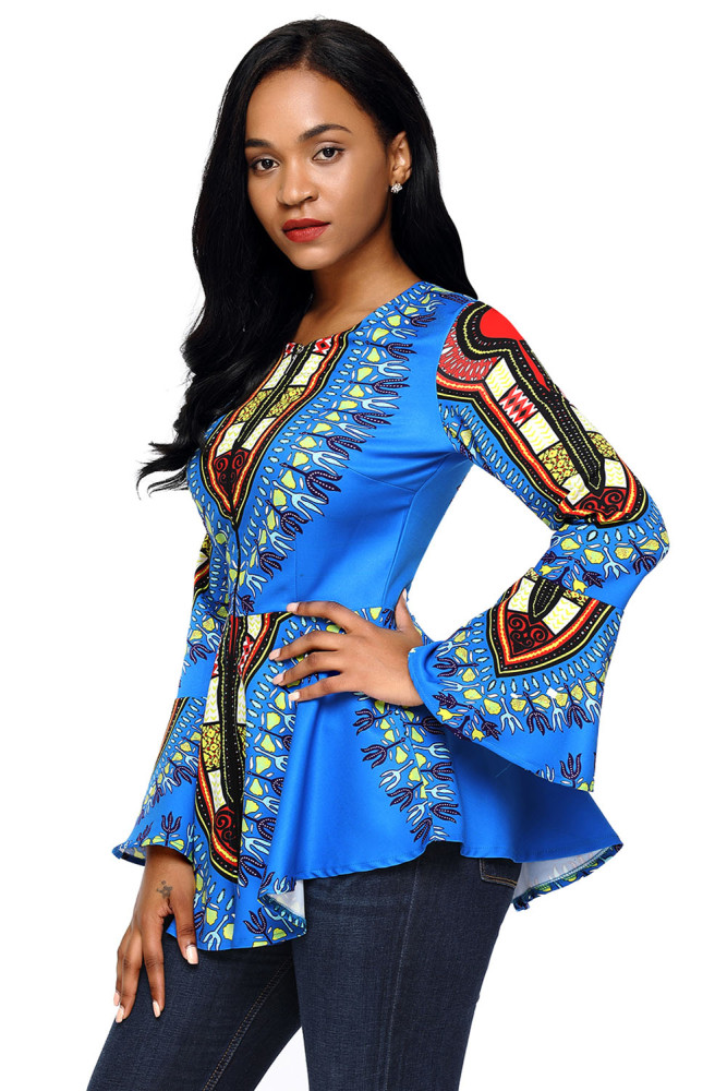 Blue African Print Zipper Front Long Sleeve Top