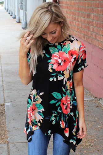 Black Floral Short Sleeve Tunic