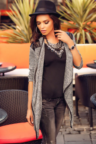 Leather Shoulder Patch Asymmetric Cardigan