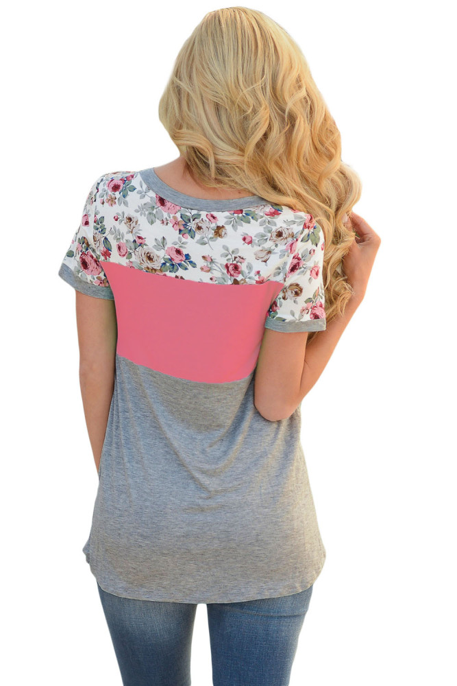 Floral Print Pink Gray Colorblock T-shirt