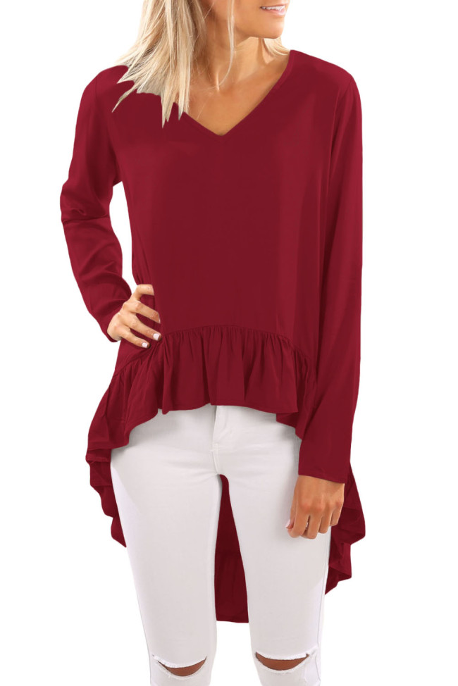 Purplish Red V Neck Longer Frilled Hemline Back Top