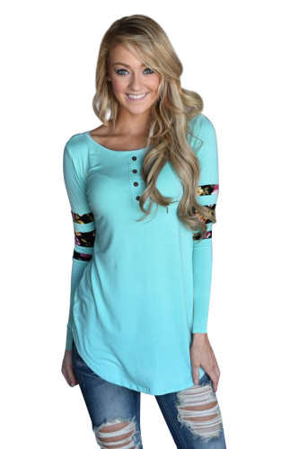 Light Blue Floral Print Splice Sleeve Pullover Blouse