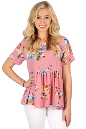 Pink Lace-up Back Floral Ruffle Top
