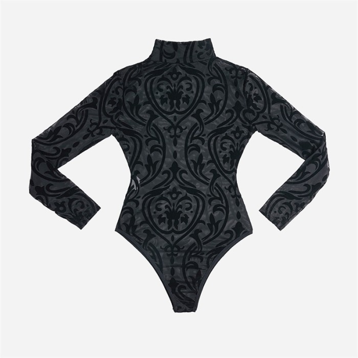 Black Sheer Mesh Print Long Sleeves Bodysuit