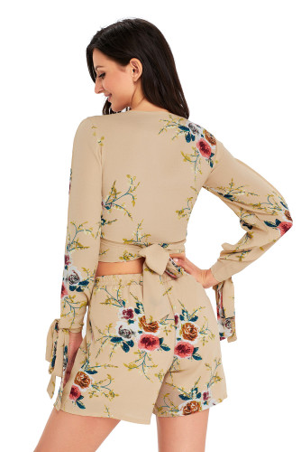 Apricot Floral Print Split Sleeves Crop Top and Short Set