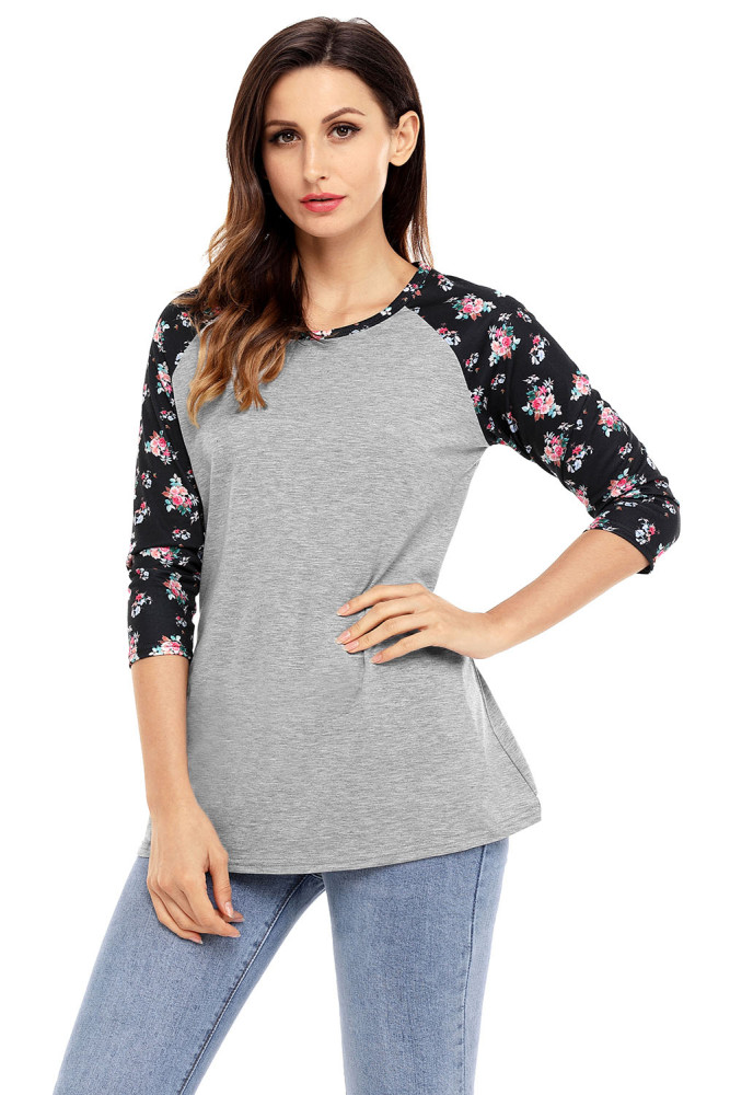 Black Floral Print Raglan Sleeve Gray Top