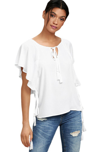 White Butterfly Sleeve Top with Tasseled Ties