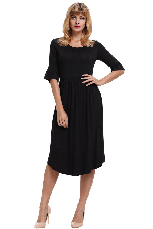 Black Ruffle Sleeve Midi Jersey Dress
