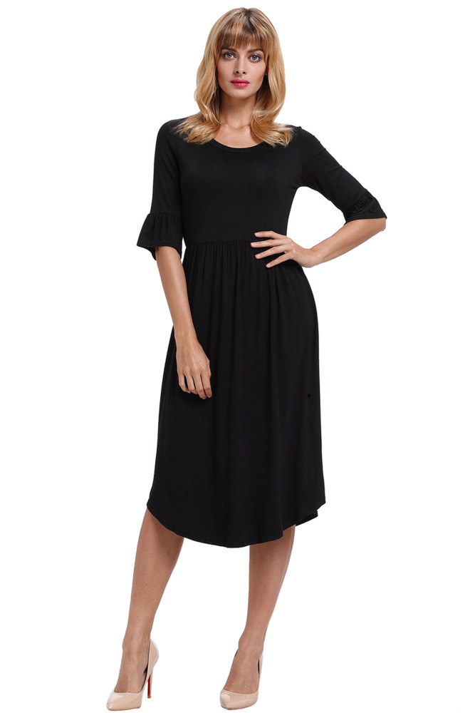 Black Ruffle Sleeve Midi Jersey Dress