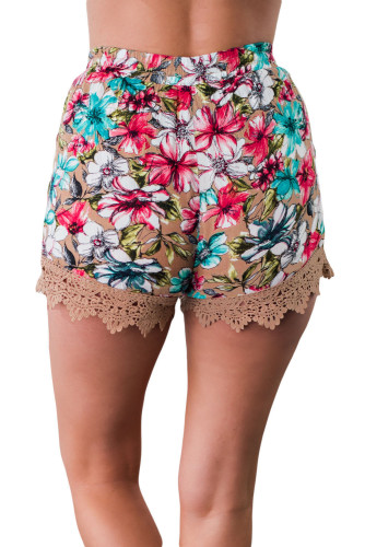Khaki Crochet Lace Detail Drawstring Floral Shorts
