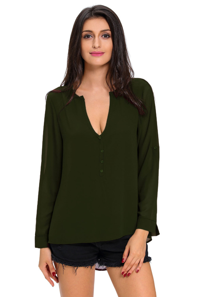 Olive V-Neck Button Detail Dip Back Blouse Top