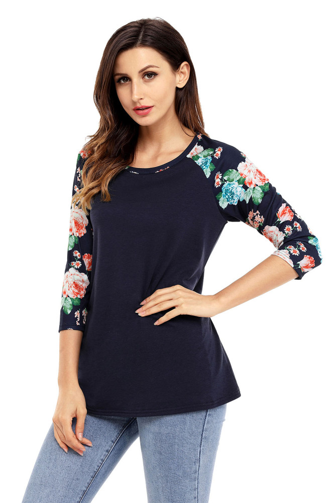 Floral Print Raglan Sleeve Black Top
