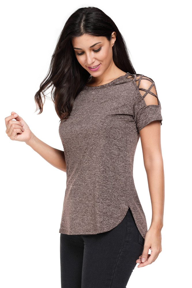 Coffee Crisscross Detail Short Sleeve T-shirt