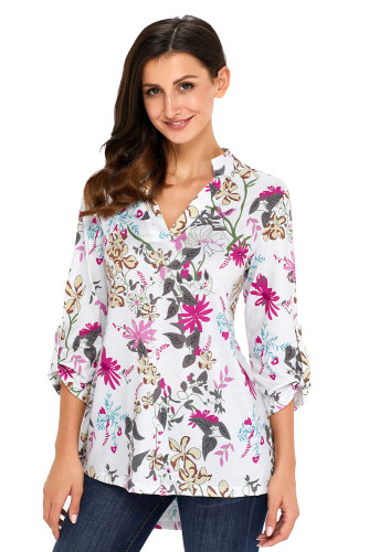 Dusty Blue Magenta Floral Print Slight V Neck Blouse