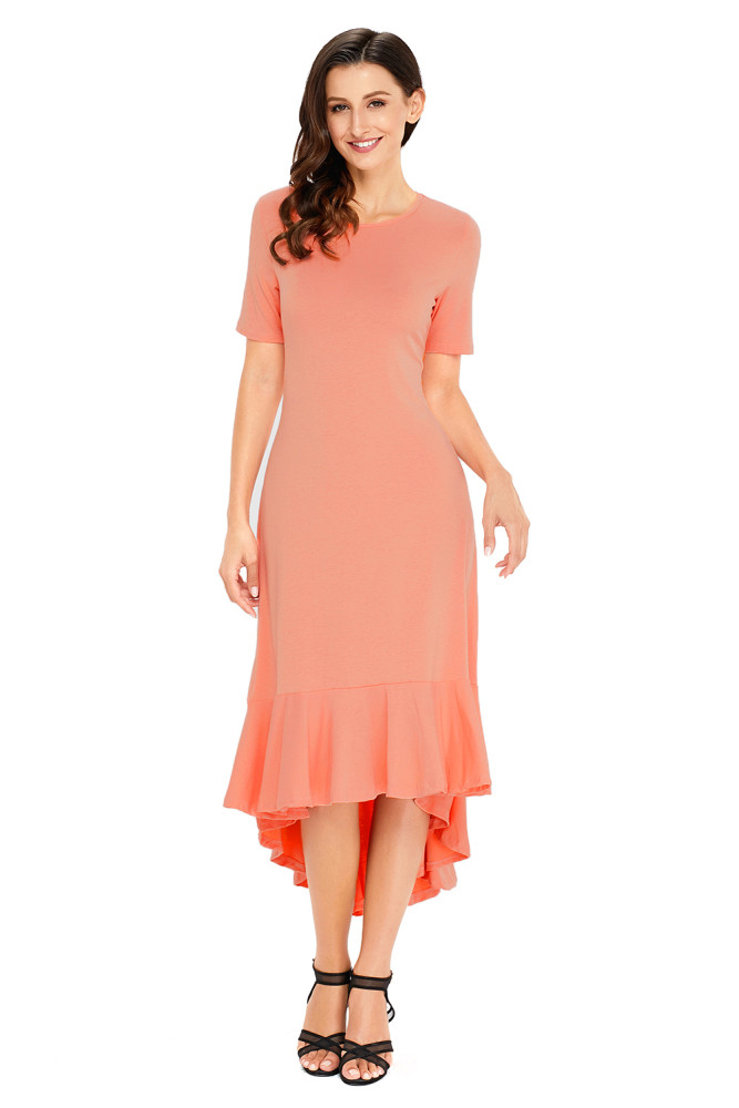 Coral Flowy Ruffles Short Sleeve Casual Dress