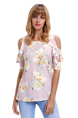 Pink Floral Cold Shoulder Top with Ruffle Sleeve