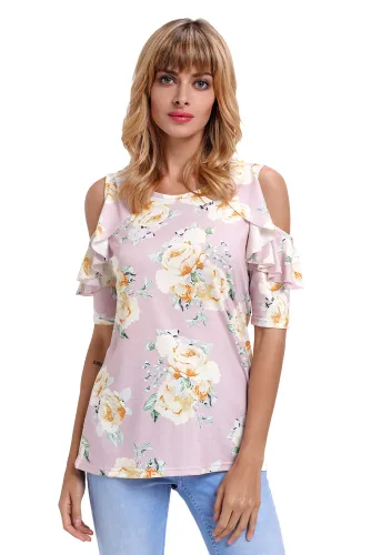 Pink Floral Cold Shoulder Top with Ruffle Sleeve