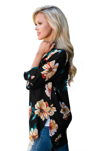 Black Floral Print High Low Chiffon Blouse