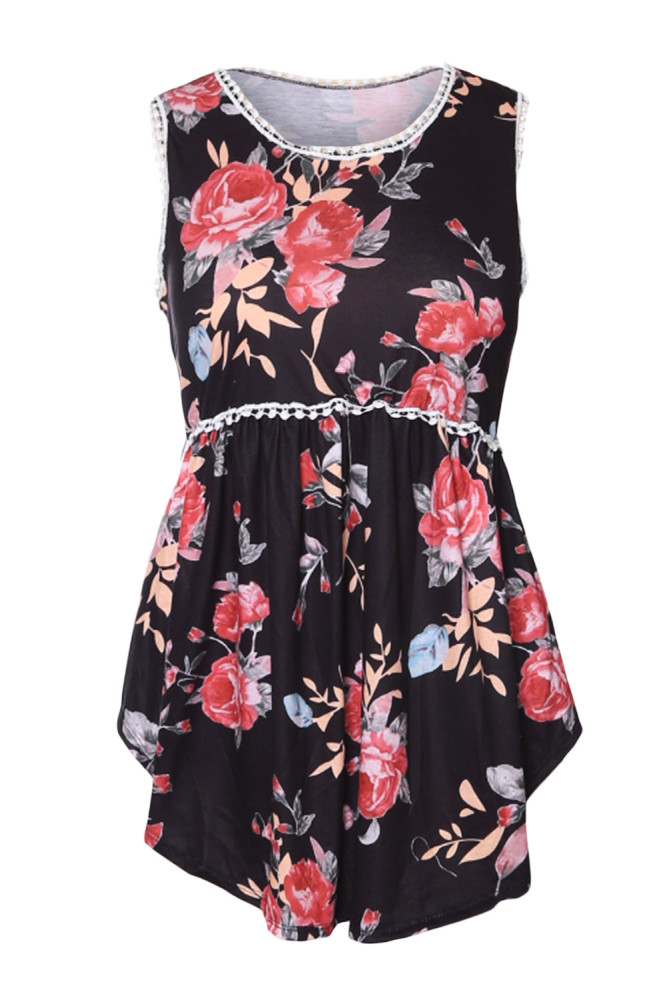 Black Floral Pompom Lace Trim Flowy Tank Top