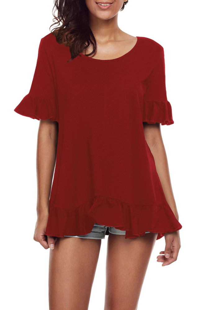 Wine Ruffle Trim Short Sleeve Flowy Top