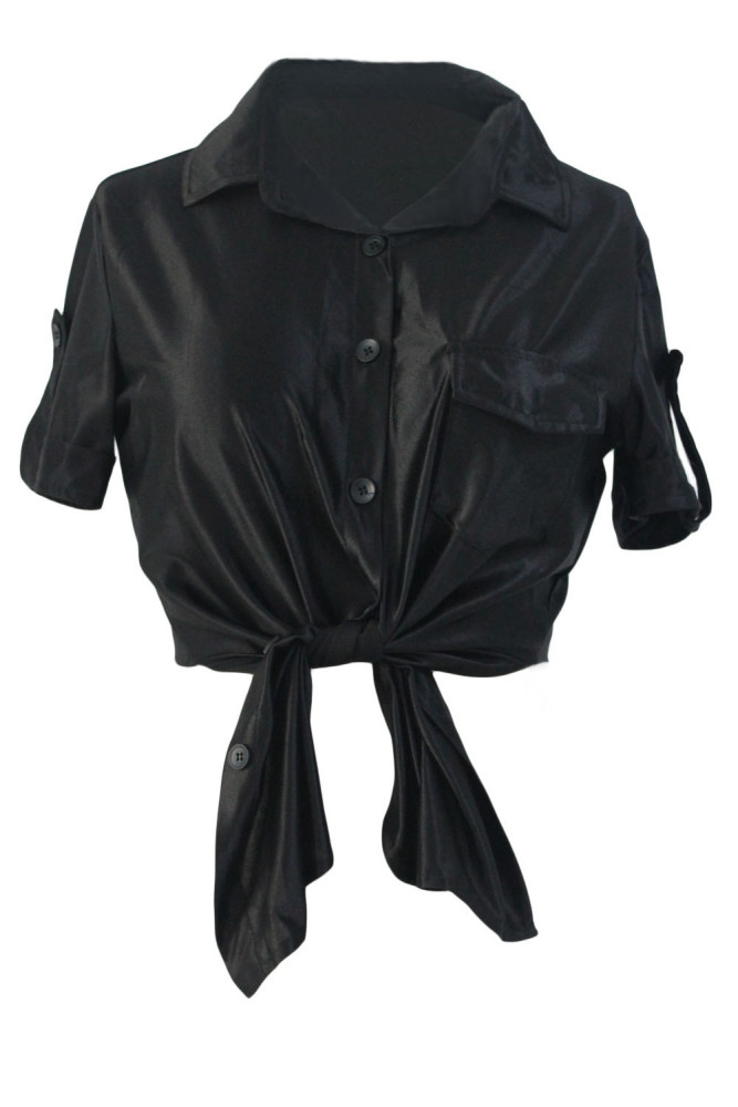 Black Button Up Side Slit Short Sleeve Shirt