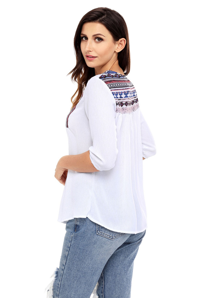 Delicate Printed Neck 3/4 Sleeve White Crepe Top