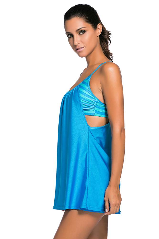 Blue Flowing Swim Dress Layered 1pc Tankini Top